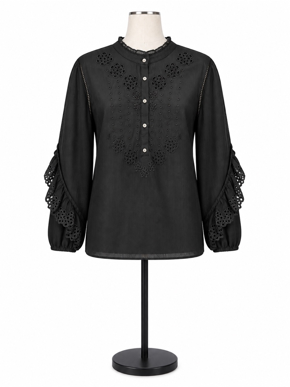 J.Crew Black Eyelet Lace Blouse Women’s Size Large Cotton Long Sleeve Top